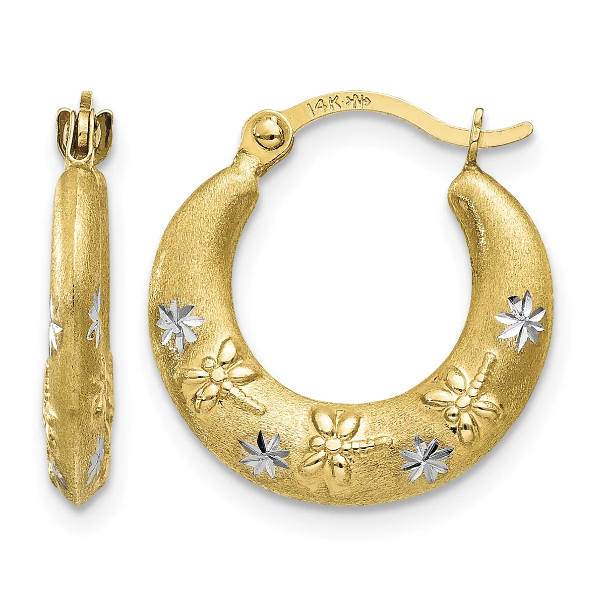 A pair of gold hoop earrings with a brushed finish, decorated with alternating flower motifs in white and yellow gold, shown from front and side views.
