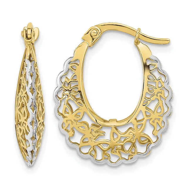 A pair of two-tone gold hoop earrings with ornate filigree detailing and a hinged post-and-clutch closure system, shown from front and side views.