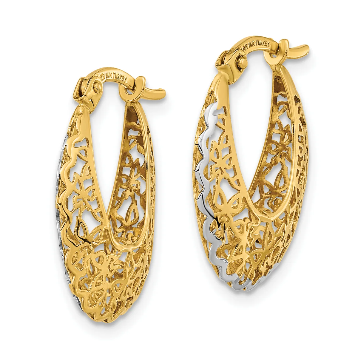 Pair of gold hoop earrings with filigree openwork pattern and two-tone finish, shown against a white background.