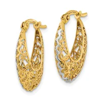 Pair of gold hoop earrings with filigree openwork pattern and two-tone finish, shown against a white background.