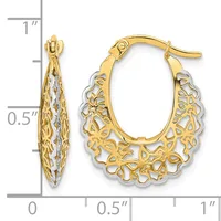Two-tone gold filigree hoop earrings with hinged posts, shown from front and side views next to a measurement scale.