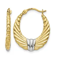 Pair of gold hoop earrings with textured ridged design and white metal clasp, shown from front and side views.