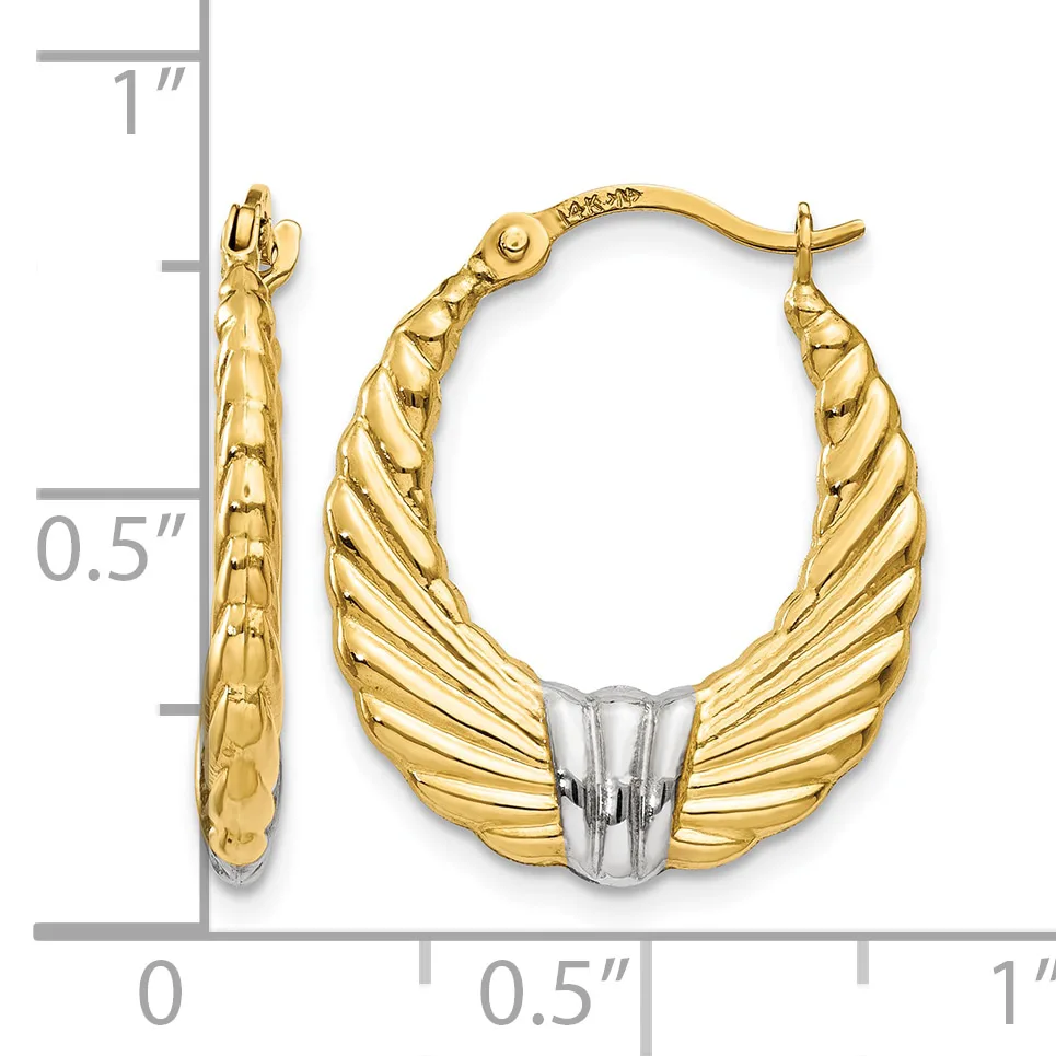 Pair of gold-tone hoop earrings with textured ridged design and white metal clasp, shown with measurement scale indicating approximately one inch in length.