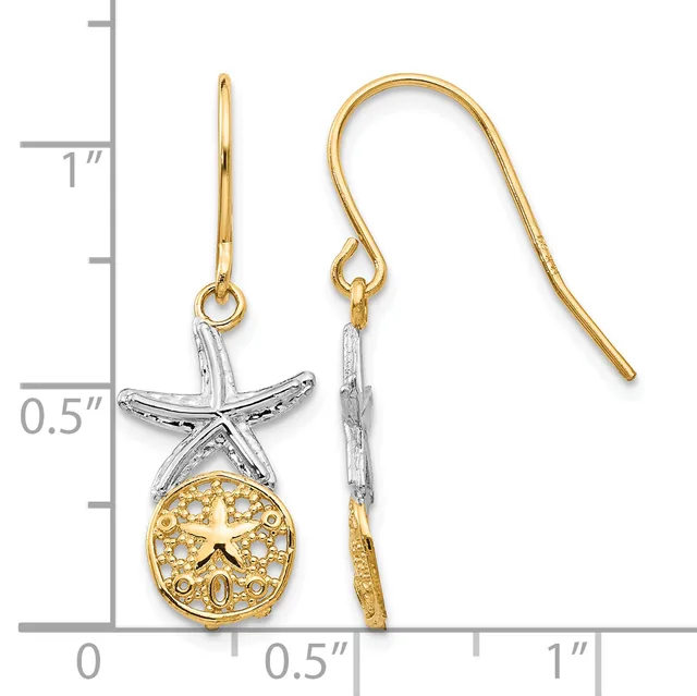 Two-tone starfish and sand dollar dangle earrings with gold ear wires displayed next to a ruler showing approximately one inch in length.