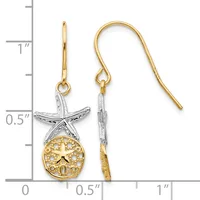 Two-tone starfish and sand dollar dangle earrings with gold ear wires displayed next to a ruler showing approximately one inch in length.