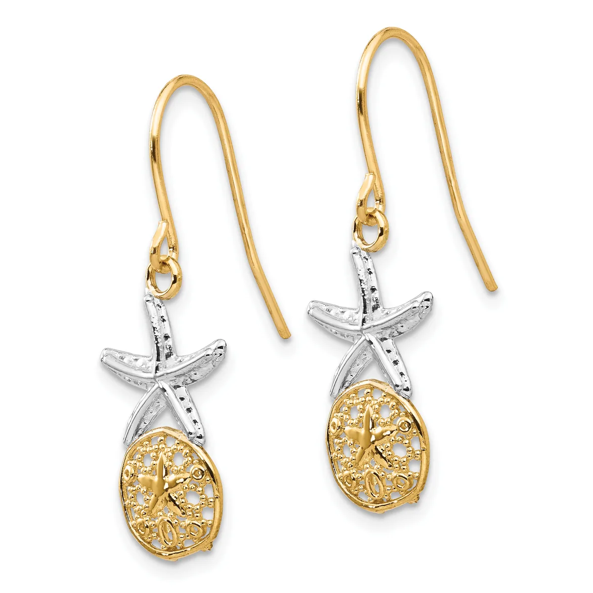 Pair of drop earrings with gold curved wires, silver starfish charms, and textured gold teardrop pendants, shown from the front.