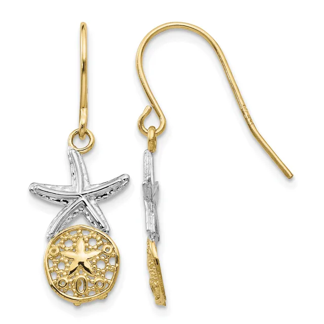 Pair of two-tone gold earrings with silver starfish charms above gold sand dollar charms, suspended from gold ear wires.