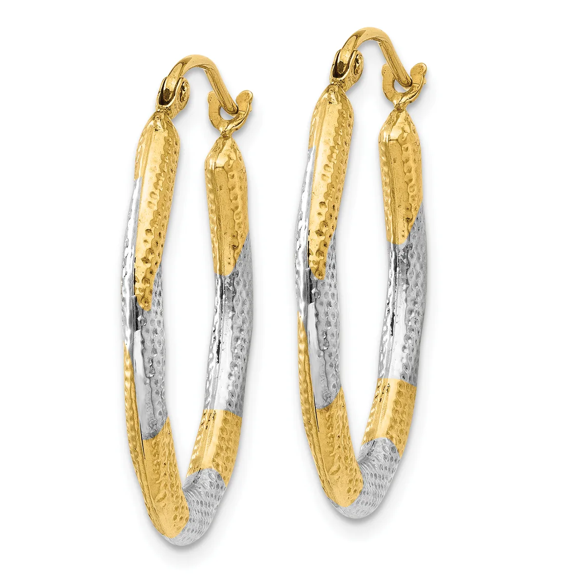 Pair of two-tone gold and silver textured oval hoop earrings with segmented striped pattern and hinged closures.