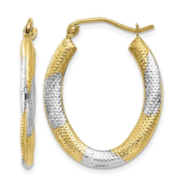Two-tone gold and silver textured oval hoop earrings with a hammered finish, displayed as a pair with matching posts and backs.