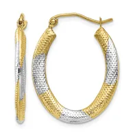 Two-tone gold and silver textured oval hoop earrings with a hammered finish, displayed as a pair with matching posts and backs.