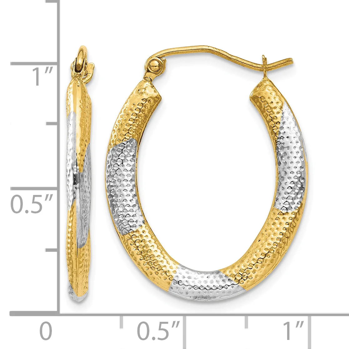 A pair of two-tone gold hoop earrings with textured surfaces, measuring approximately one inch in length, displayed against a measurement scale.