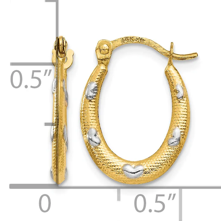 Gold oval hoop earrings with textured finish and white enamel accents, shown with measurement scale indicating approximately 0.5 inches in height and width.