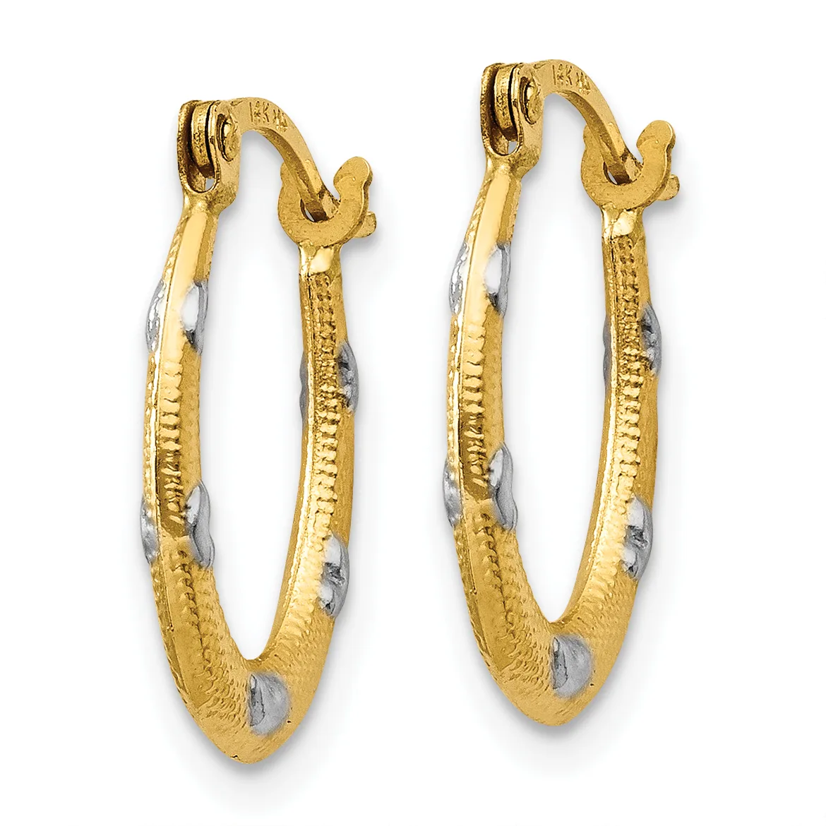 Pair of gold hoop earrings with textured and polished surfaces, featuring small hinged clasps at the top.
