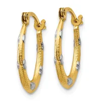 Pair of gold hoop earrings with textured and polished surfaces, featuring small hinged clasps at the top.