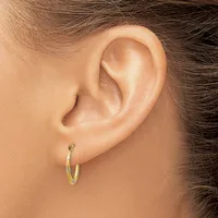 A person wearing a pair of two-tone gold hoop earrings, shown from the side profile of their ear and upper neck.