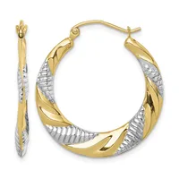 Two-tone gold hoop earrings with twisted yellow gold bands alternating with textured white gold sections, shown from front and side views.