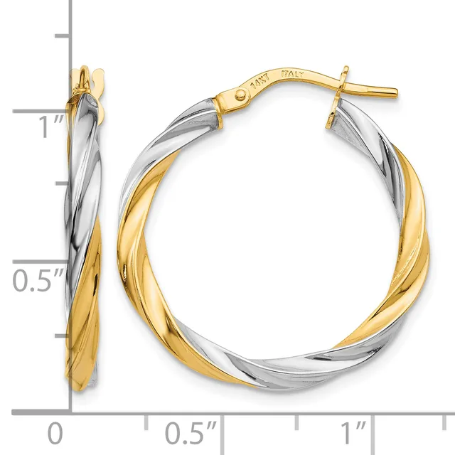 Two-tone twisted hoop earrings with yellow gold and white gold sections, shown from front and side views with a measurement scale indicating approximately one inch in diameter.
