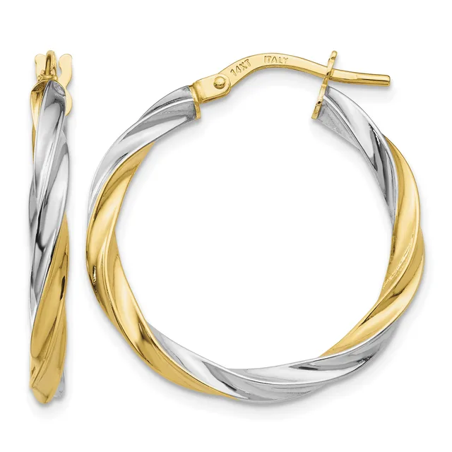 Two-tone twisted hoop earrings in yellow and white gold with a post and clutch back closure, shown from front and side views.