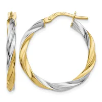Two-tone twisted hoop earrings in yellow and white gold with a post and clutch back closure, shown from front and side views.