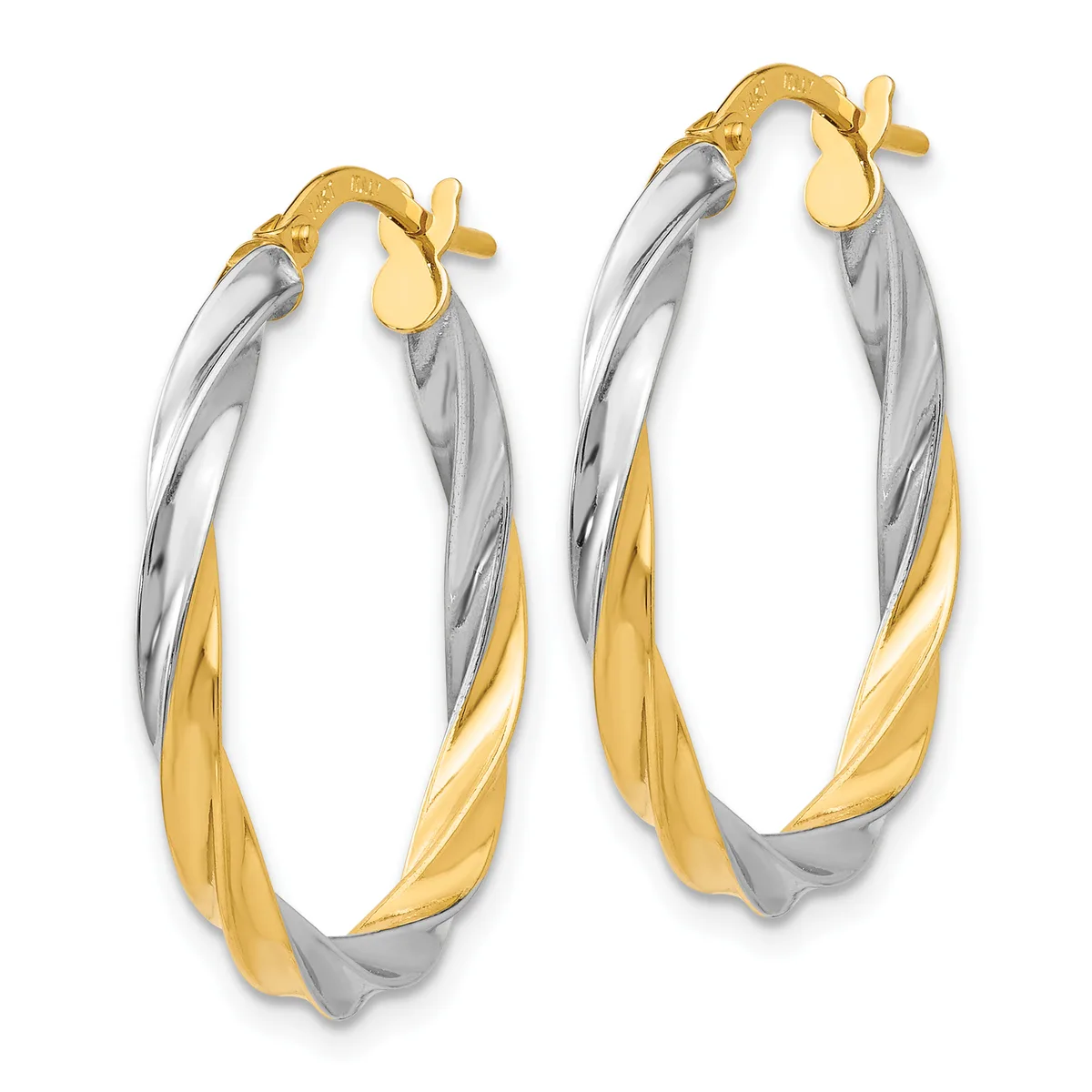 Pair of two-tone gold hoop earrings with twisted design and post-and-clutch closures, shown from the front.
