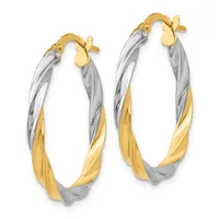 Pair of two-tone gold hoop earrings with twisted design and post-and-clutch closures, shown from the front.