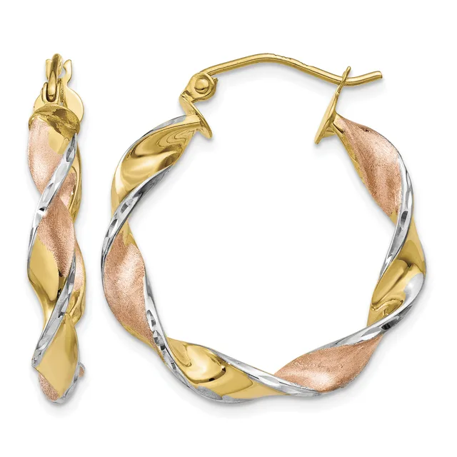 Pair of twisted tri-color gold hoop earrings with yellow, white, and rose gold sections, shown from front and side angles with post and clutch closures.