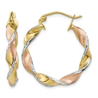 Pair of twisted tri-color gold hoop earrings with yellow, white, and rose gold sections, shown from front and side angles with post and clutch closures.