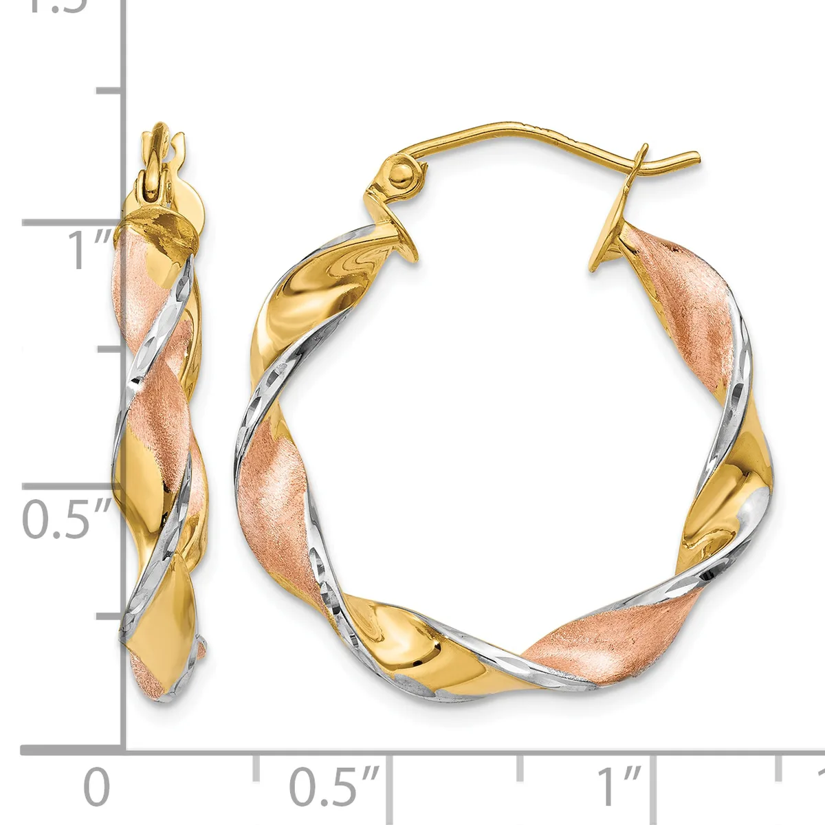 Twisted hoop earrings in two-tone gold and rose gold with a brushed finish, shown next to a measurement ruler indicating approximately one inch in diameter.