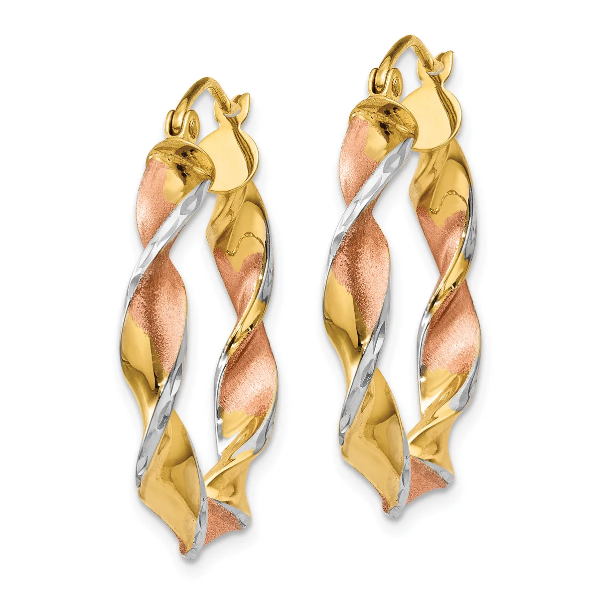 Pair of three-tone twisted hoop earrings with yellow gold, rose gold, and silver sections, featuring post and clasp closures.