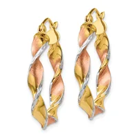 Pair of three-tone twisted hoop earrings with yellow gold, rose gold, and silver sections, featuring post and clasp closures.