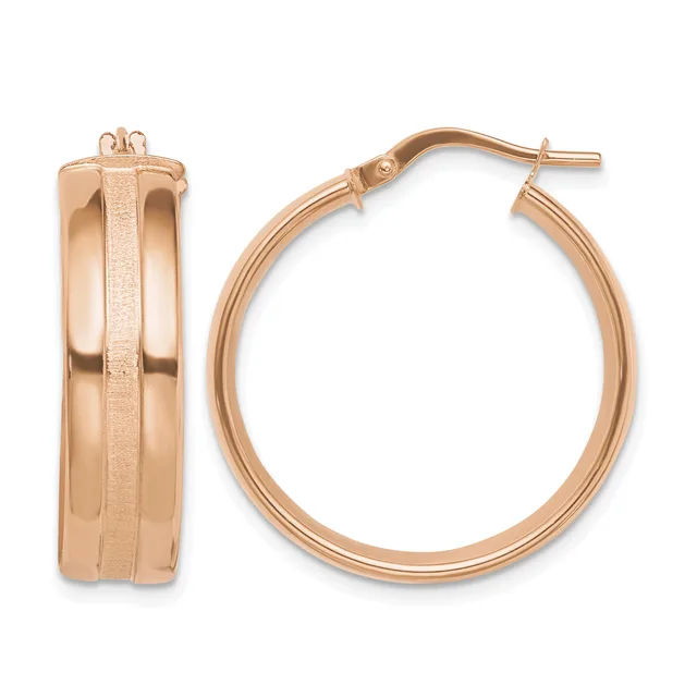 A pair of rose gold hoop earrings with a textured center stripe and polished outer edges, shown from front and side views.