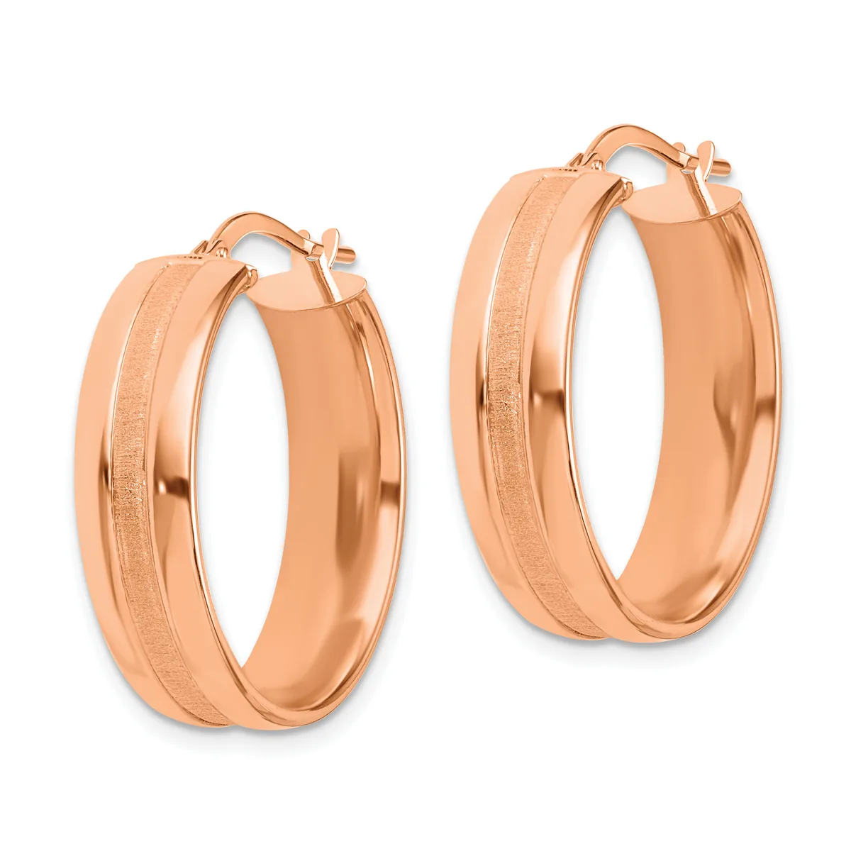 A pair of rose gold hoop earrings with textured and polished finish bands, displayed against a white background.