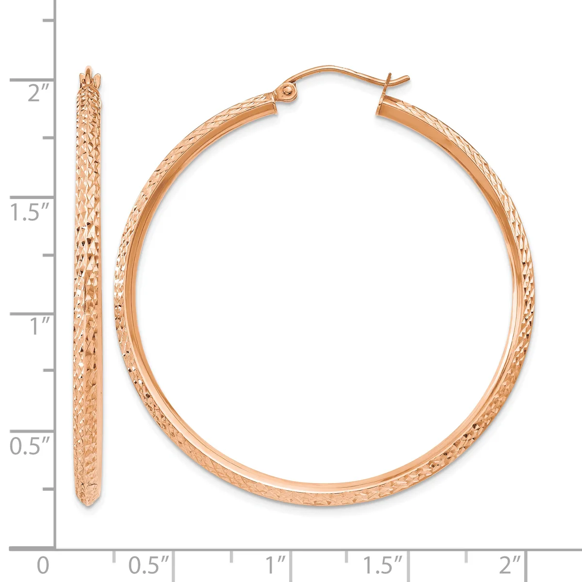Rose gold textured hoop earrings with a ruler showing them approximately 1.75 inches in diameter and 3 millimeters thick.