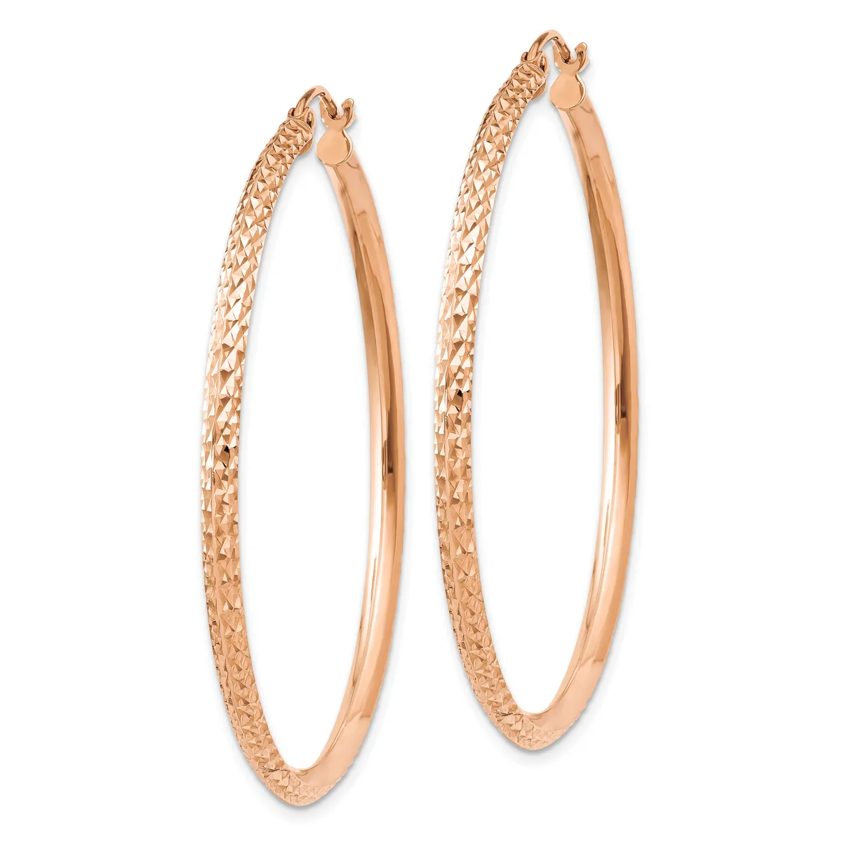 A pair of rose gold hoop earrings with textured outer surfaces and smooth inner surfaces, shown against a white background.