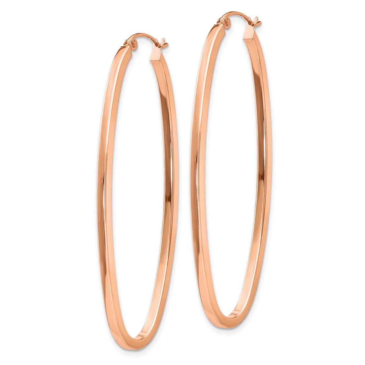A pair of rose gold hoop earrings with a polished finish and hinged closures, displayed against a white background.