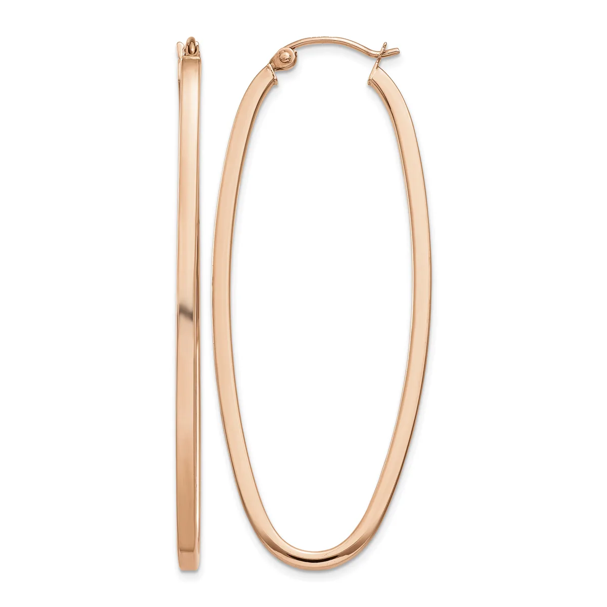 Pair of rose gold oval hoop earrings with a polished finish, shown from the front and side views.