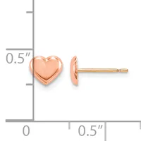 Rose gold heart-shaped stud earrings displayed next to a measurement ruler showing they are approximately 0.5 inches in size.