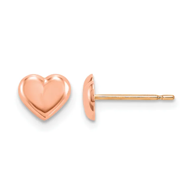 A pair of rose gold heart-shaped stud earrings with polished domed surfaces, shown from front and side views with gold posts and backs.