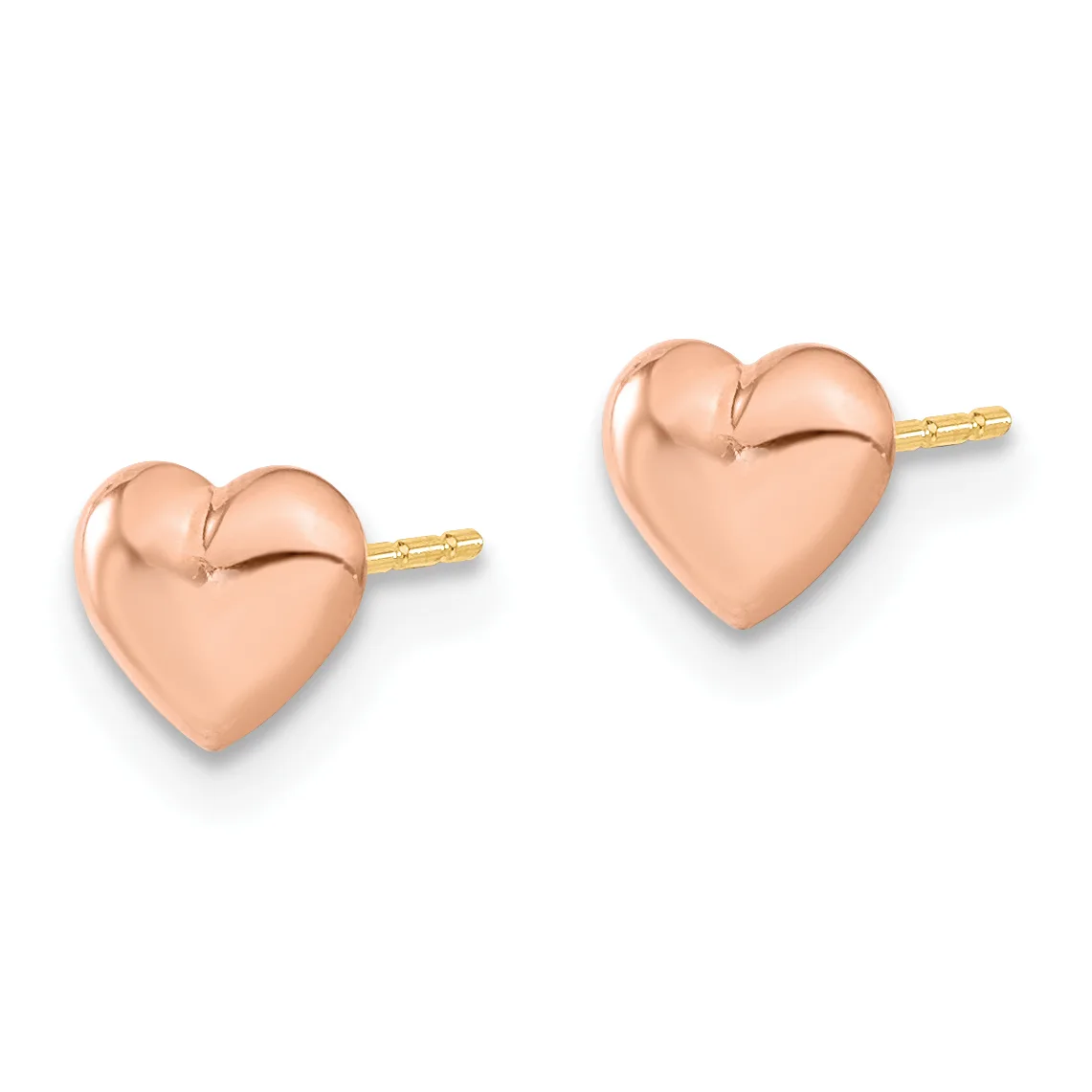 A pair of rose gold heart-shaped stud earrings with polished finishes and gold post backs shown against a white background.