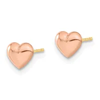 A pair of rose gold heart-shaped stud earrings with polished finishes and gold post backs shown against a white background.