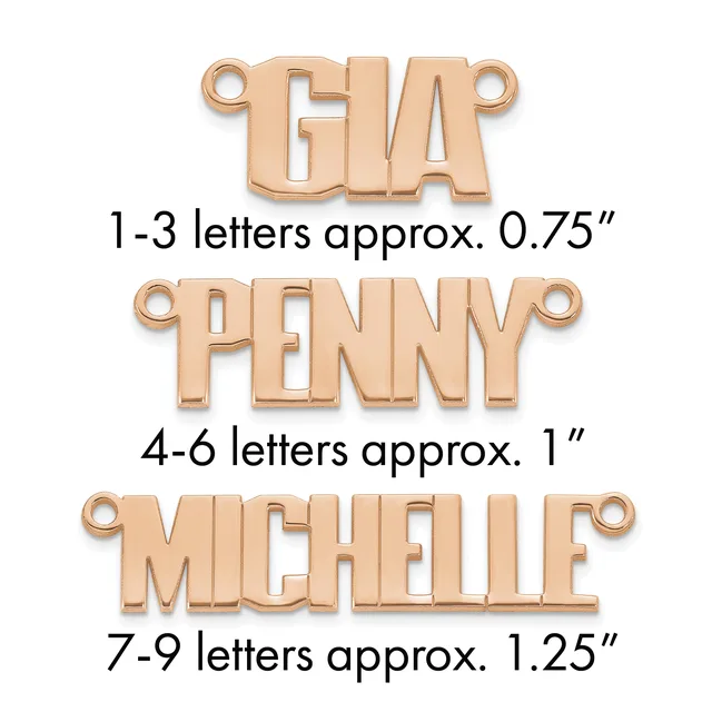 Three rose gold metal pendants with loop tops showing size comparisons: GIA at 0.75 inches, PENNY at 1 inch, and MICHELLE at 1.25 inches.