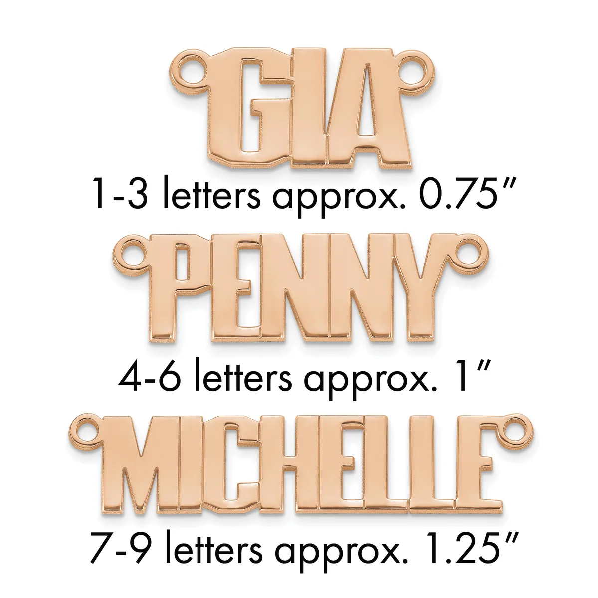 Three rose gold metal pendants with loop tops showing size comparisons: GIA at 0.75 inches, PENNY at 1 inch, and MICHELLE at 1.25 inches.