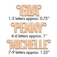 Three rose gold metal pendants with loop tops showing size comparisons: GIA at 0.75 inches, PENNY at 1 inch, and MICHELLE at 1.25 inches.