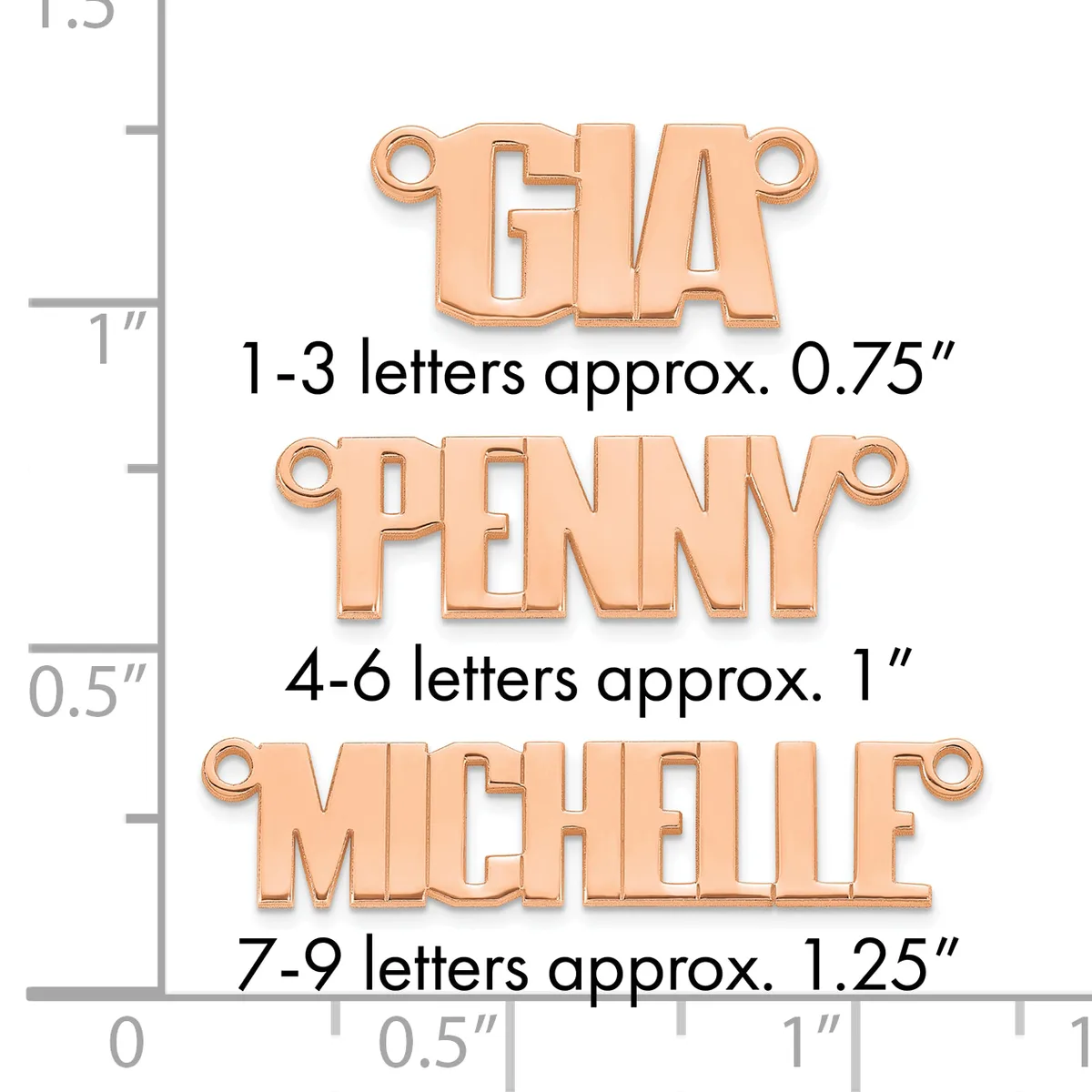 Three copper-colored metal name charms with attached loops, displayed against a measurement ruler showing sizing from 0 to 1.5 inches.