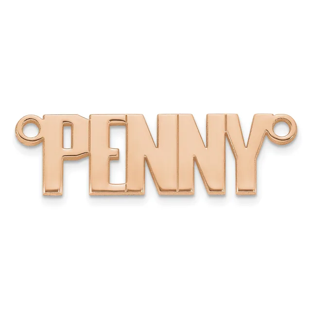 Rose gold-colored metal pendant with the word "PENNY" in block letters, featuring small loops at each end for attachment.