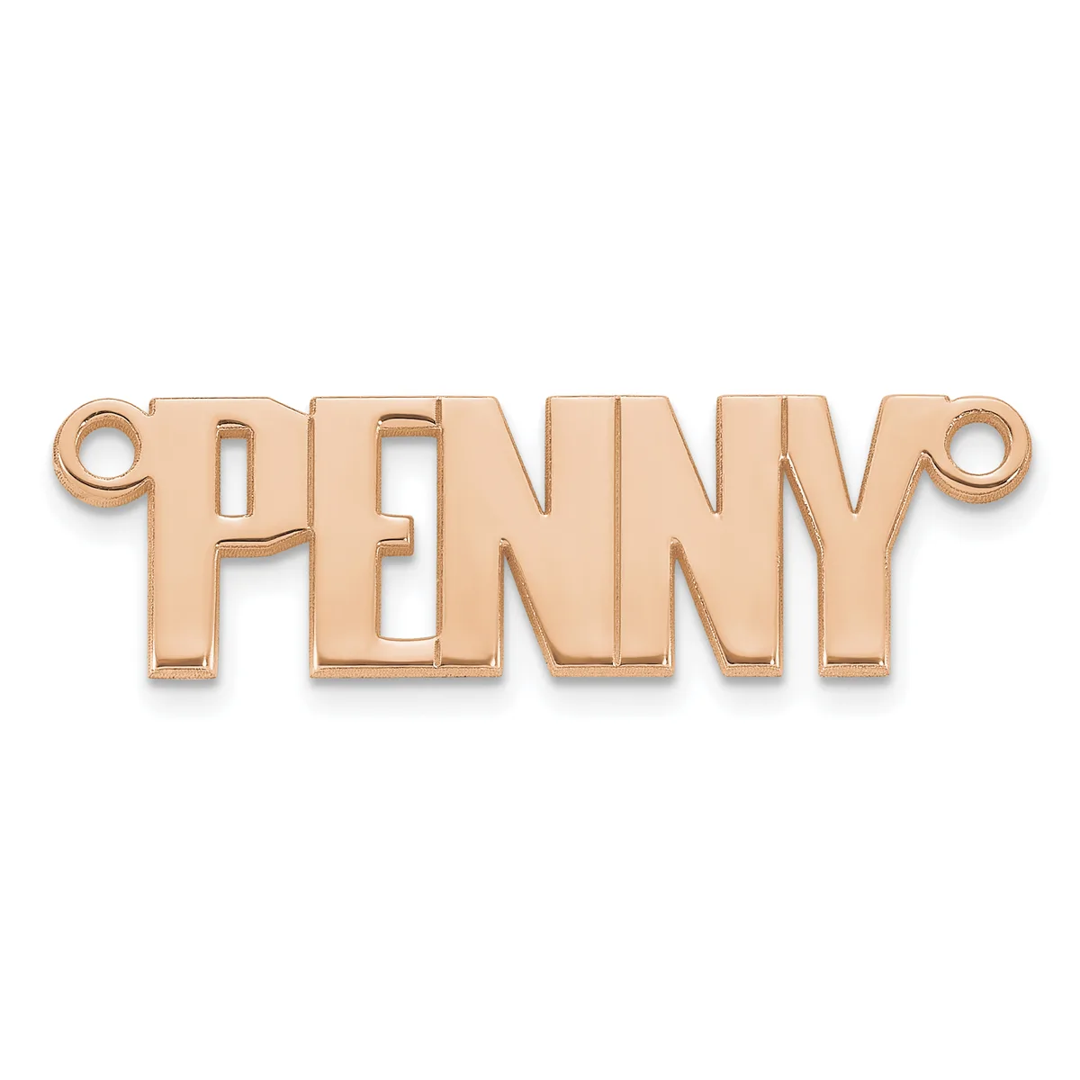 Rose gold-colored metal pendant with the word "PENNY" in block letters, featuring small loops at each end for attachment.