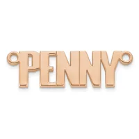 Rose gold-colored metal pendant with the word "PENNY" in block letters, featuring small loops at each end for attachment.