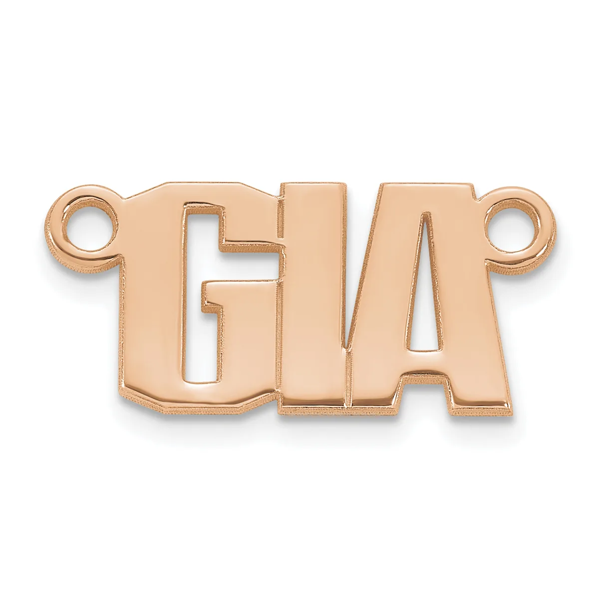 Rose gold metal charm or pendant with cutout letters spelling a word, featuring small loops on each end for attachment.