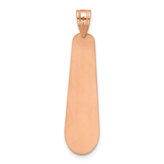 A polished rose gold elongated teardrop pendant with a textured bail loop at the top, displayed against a white background.