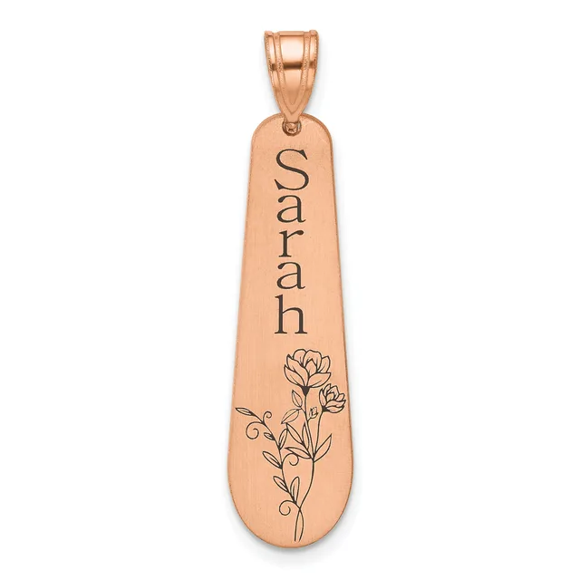 Rose gold teardrop pendant engraved with the name "Sarah" and a floral design featuring carnation flowers, shown hanging from a bale.